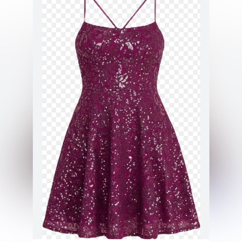 NWT!! Emerald Sundae Purple Sequin Spaghetti Strap Mini Dress - Picture 3 of 5